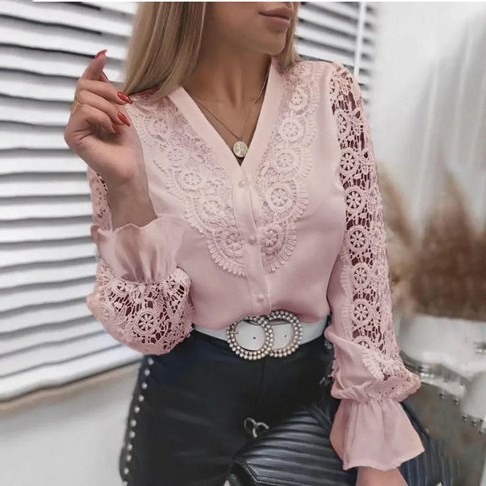 The Vivienne Lace‑Trim V‑Neck Blouse
